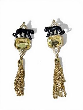 Bold Black Panther Cat Gold Tone Yellow Crystal Tassel Statement Earrings 3.5"